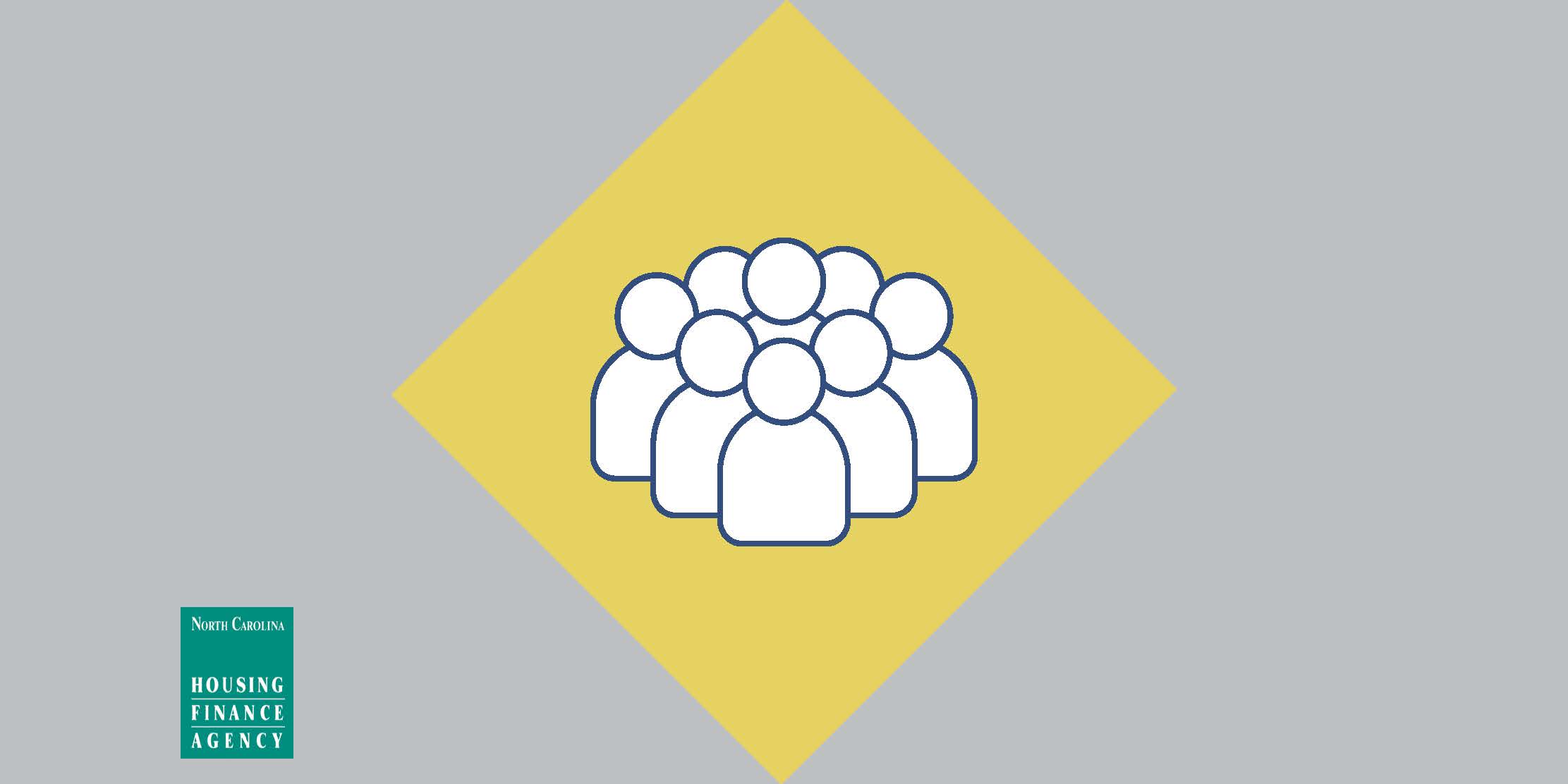 Gray and yellow graphic with outline of people in center