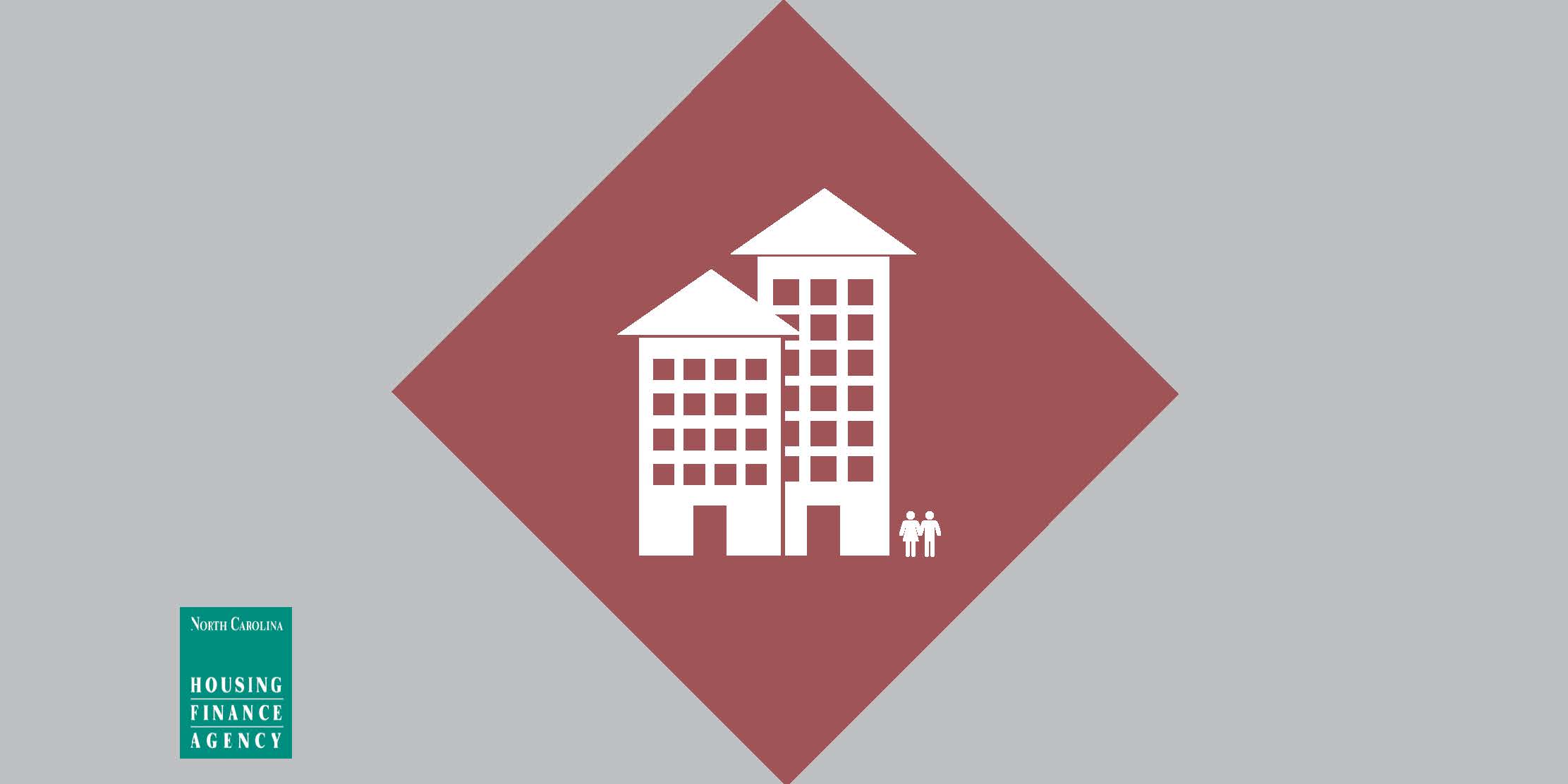 Red and gray graphic with apartments in the middle