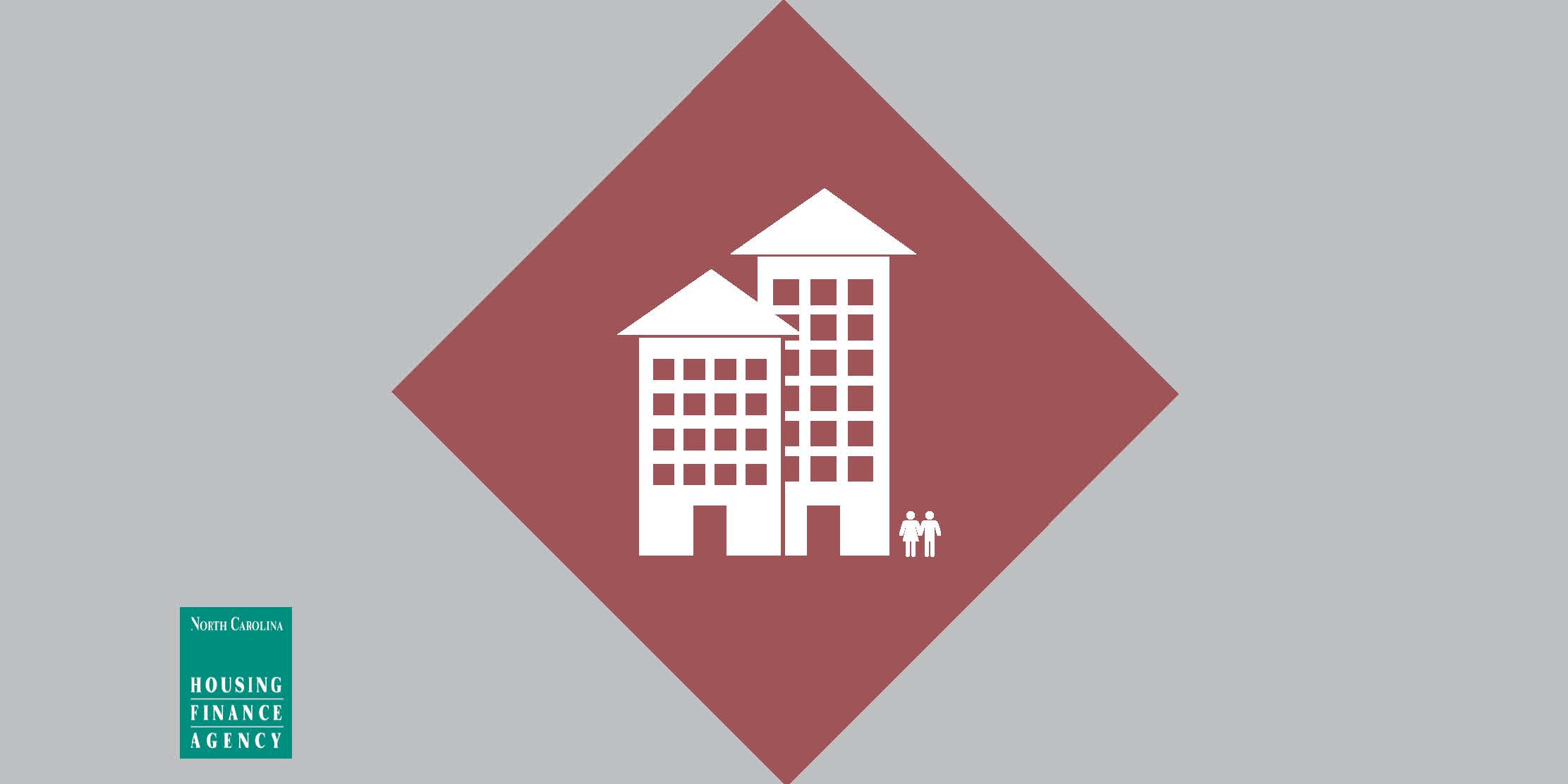 Red graphic with apartments in center