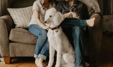 family in their home with a poodle