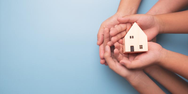 two hands holding a wooden house toy