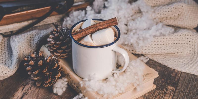 How to Buy a Home for the Holidays Hot cocoa on a book with pinecones and a blanket decorated around it